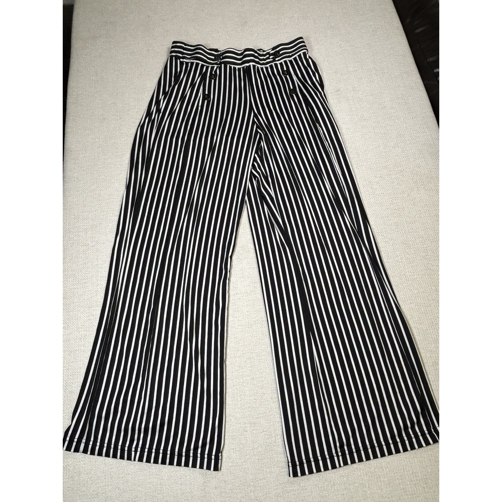 Robert Louis Womens Size M Black White Striped Wide Leg Sailor Pants Stretch